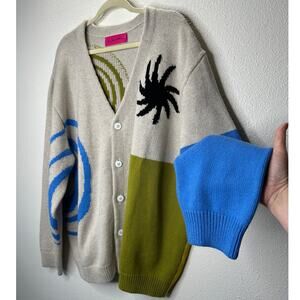 The Elder Statesman Tan Blue Green Block & Spiral Cashmere Cardigan L